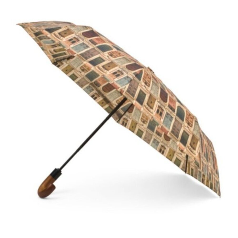 Patricia Nash Magliano Doorways Stylish Multicolor Umbrella Wood Handle Brown